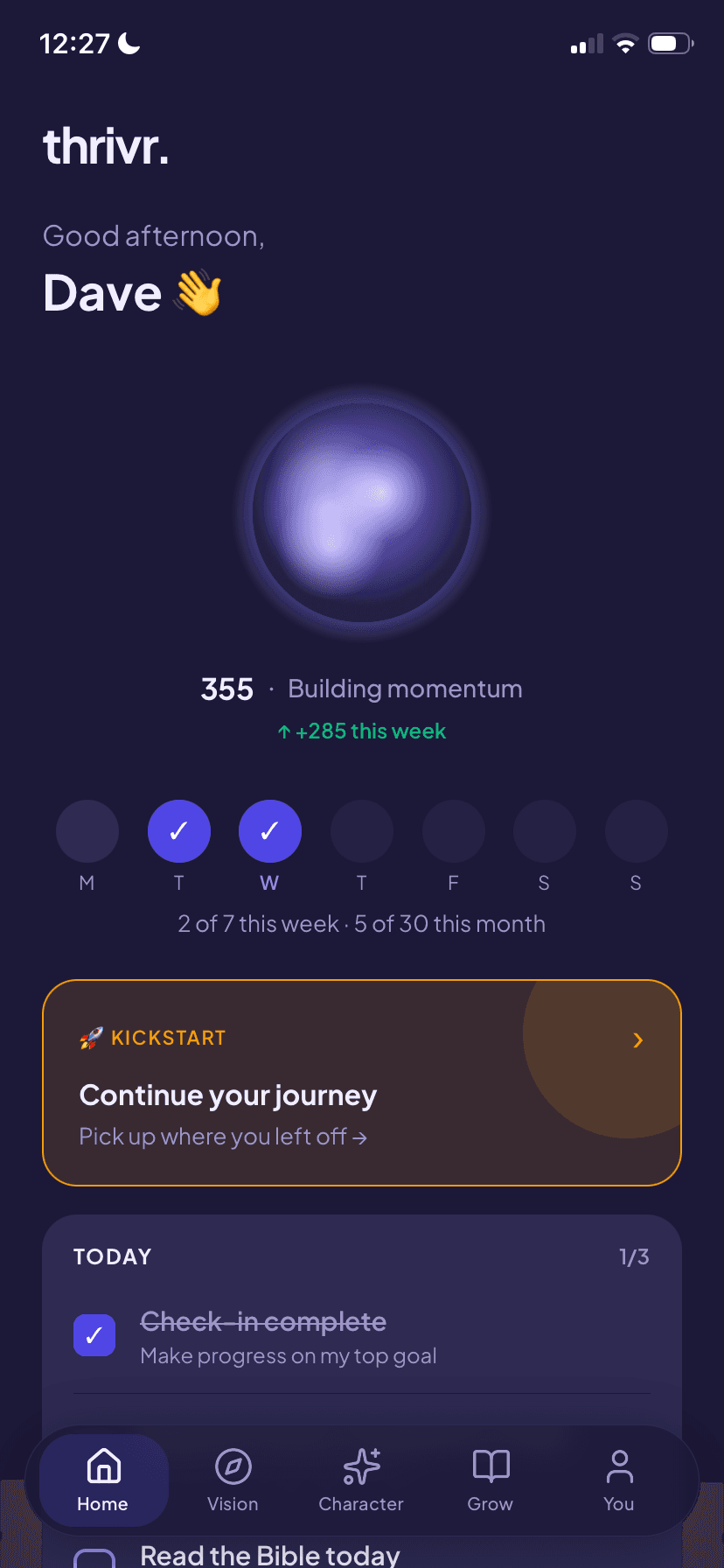The Thrivr home screen showing your Inner Light and today's focus